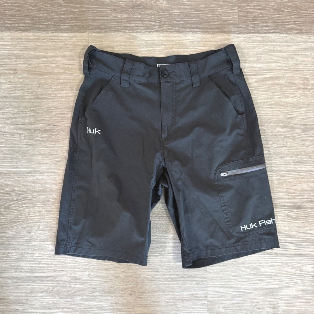 Huk Fishing Shorts Mens Small Black Performance Cargo Zipper Pockets Stretch